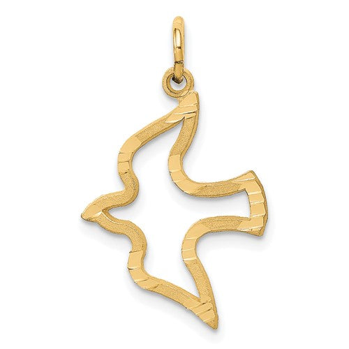 14K satin gold dove charm with diamond-cut detailing, designed for jewelry pendants and charms from Solomon Jewelers.