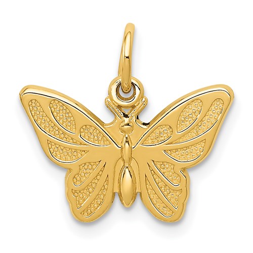 14k gold butterfly charm pendant from Solomon Jewelers, featuring intricate butterfly design and polished gold finish.
