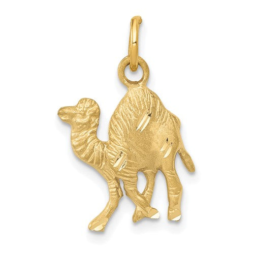 14k gold camel charm pendant, detailed jewelry piece from Solomon Jewelers with intricate design.