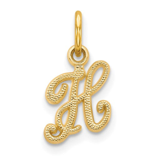14K yellow gold letter H initial charm pendant featuring elegant script design, ideal for personalized jewelry.