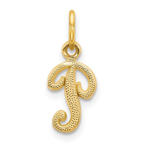 14K yellow gold script letter P initial charm from Solomon Jewelers, featuring a delicate and stylish pendant design.