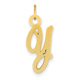 Casted silver Script Letter Y initial charm with 14KW gold accents, featuring detailed craftsmanship from Solomon Jewelers.