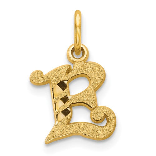 14k gold letter E initial charm pendant from Solomon Jewelers, featuring a sleek and polished design.