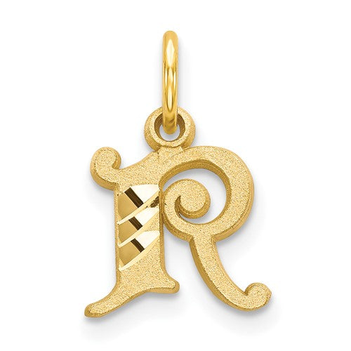 Gold 14k letter R initial charm pendant from Solomon Jewelers, featuring a sleek, polished design suitable for necklaces.
