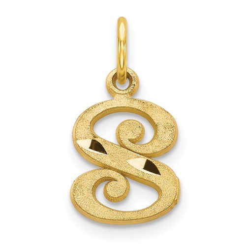 Gold letter S initial charm pendant from Solomon Jewelers, featuring a sleek 14k gold design for necklaces or bracelets.