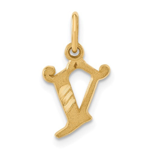 14k gold letter V initial charm pendant from Solomon Jewelers, featuring a sleek and polished design.