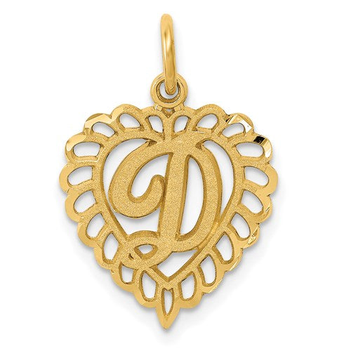 14k gold heart letter D charm pendant featuring a delicate design, perfect for jewelry or bracelet accessories.
