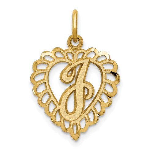 Gold 14k Heart Letter J charm pendant from Solomon Jewelers, featuring a delicate heart and letter design.