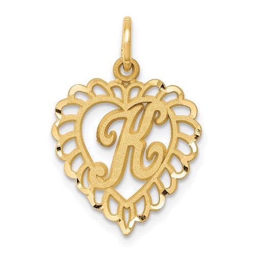 14k gold heart-shaped letter K charm pendant from Solomon Jewelers, featuring a delicate and elegant design.