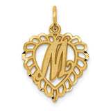 14k gold heart letter M charm pendant from Solomon Jewelers, featuring a delicate heart design and elegant letter detail.