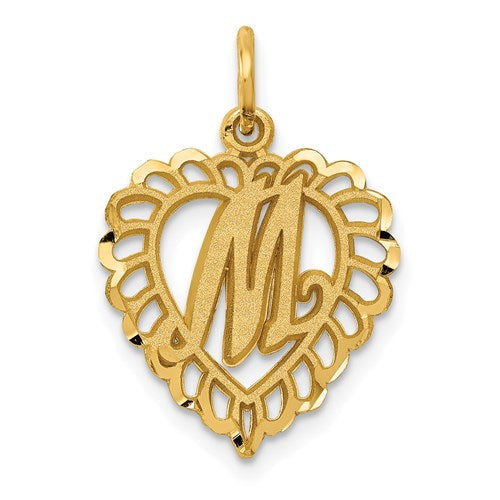 14k gold heart letter M charm pendant from Solomon Jewelers, featuring a delicate heart design and elegant letter detail.