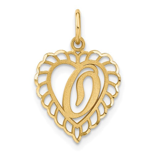 14k gold heart-shaped letter O charm pendant from Solomon Jewelers, featuring a delicate and polished design.