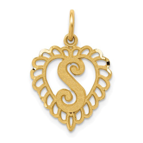 Gold 14k Heart Letter S charm pendant from Solomon Jewelers, featuring a delicate heart design and the letter S.