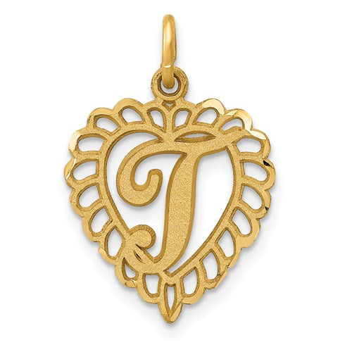 14k gold heart letter T charm pendant from Solomon Jewelers, featuring a delicate heart design and personalized initial style.