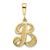14K gold polished script letter B initial pendant with intricate filigree design, jewelry charm for necklaces.