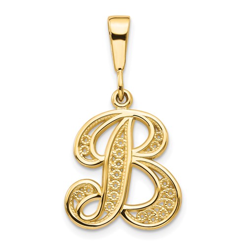 14K gold polished script letter B initial pendant with intricate filigree design, jewelry charm for necklaces.