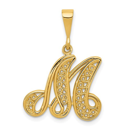 14ky-polished-script-filigree-letter-m-initial-pendant-SolomonJeweler-Wichita-KS-CustomJewelry