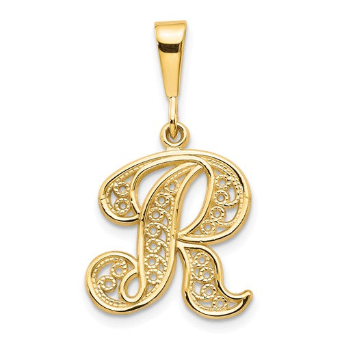 14K yellow gold script letter R initial pendant with filigree design, polished finish, jewelry charm for women or men