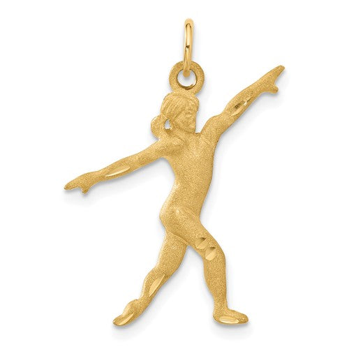 Gold gymnast charm pendant in 14k gold, featuring a detailed gymnastics figure, from Solomon Jewelers.