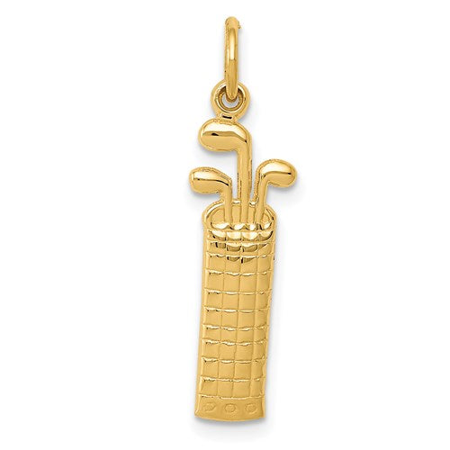 Gold golf bag charm pendant in 14k gold, featuring detailed golf equipment design from Solomon Jewelers.