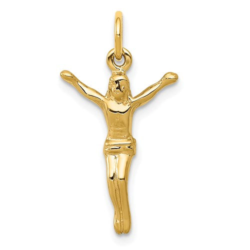 Gold 14K Corpus Charm pendant with detailed religious design, crafted by Solomon Jewelers, suitable for necklaces or bracelets.