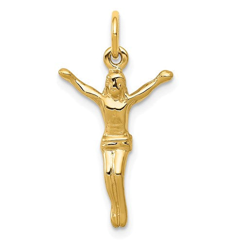 Gold 14K Corpus Charm pendant with detailed religious design, crafted by Solomon Jewelers, suitable for necklaces or bracelets.