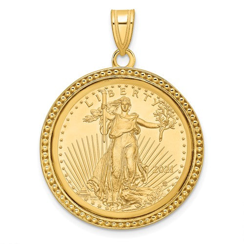 14k-polished-beaded-mounted-1-4oz-am-eagle-prong-coin-bezel-pendant-SolomonJeweler-Wichita-KS-CustomJewelry