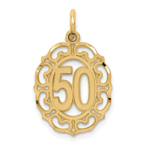 14k gold oval pendant with #50 design from Solomon Jewelers, featuring a polished gold finish and elegant craftsmanship.