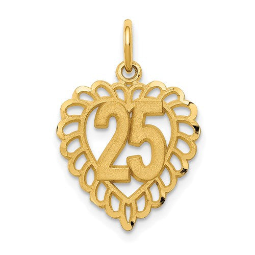 14k gold heart charm pendant, 25-inch chain, elegant jewelry piece from Solomon Jewelers featuring a classic heart design.