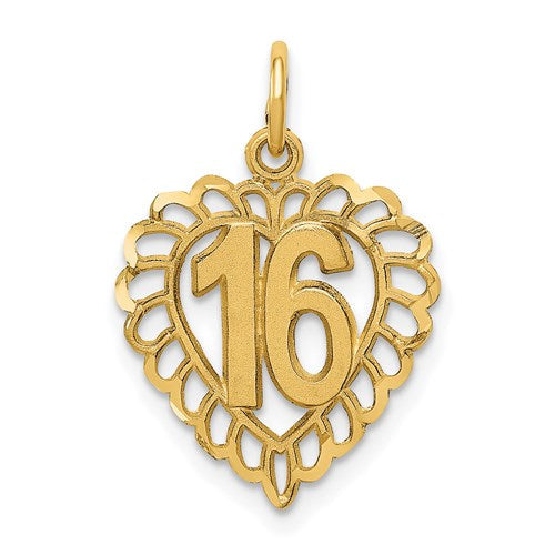 14k gold heart charm pendant, 16-inch chain from Solomon Jewelers, featuring a delicate heart-shaped design.