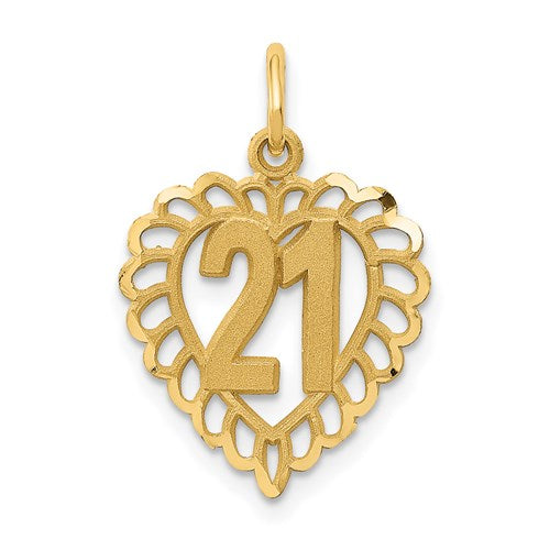 14k gold 21-inch heart charm pendant with detailed design, perfect for necklaces from Solomon Jewelers.