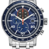 Citizen Eco-Drive wrist watch with a stainless steel link bracelet, featuring a blue dial, blue tachymeter bezel, and silver-tone case.