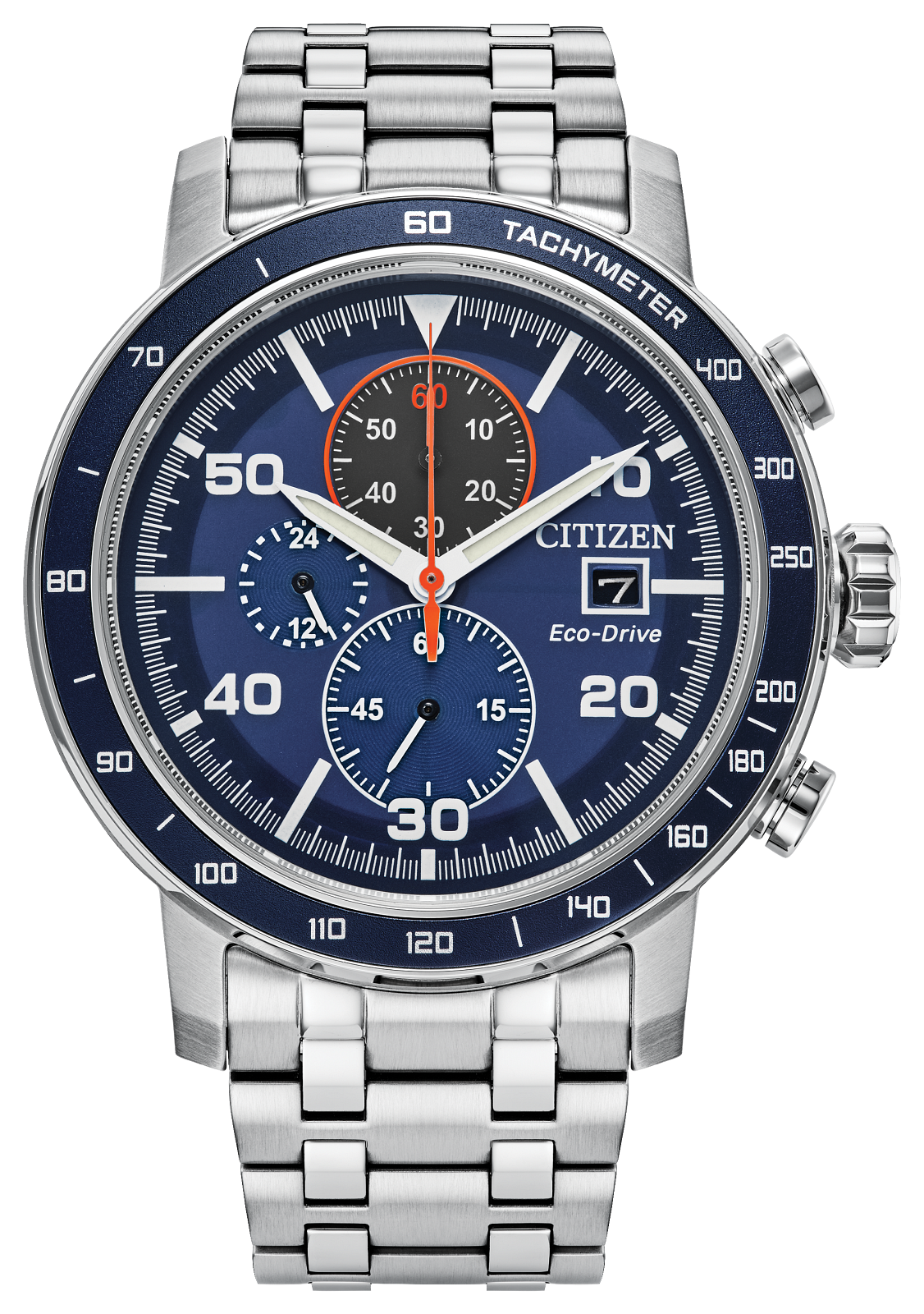 Citizen Eco-Drive wrist watch with a stainless steel link bracelet, featuring a blue dial, blue tachymeter bezel, and silver-tone case.