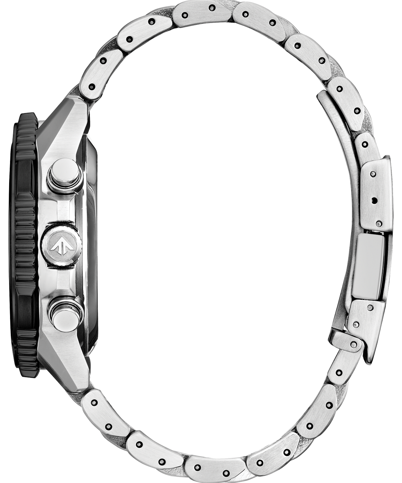 Close-up of a silver watch with a detailed band on a white background