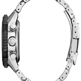 Close-up of a silver watch with a detailed band on a white background
