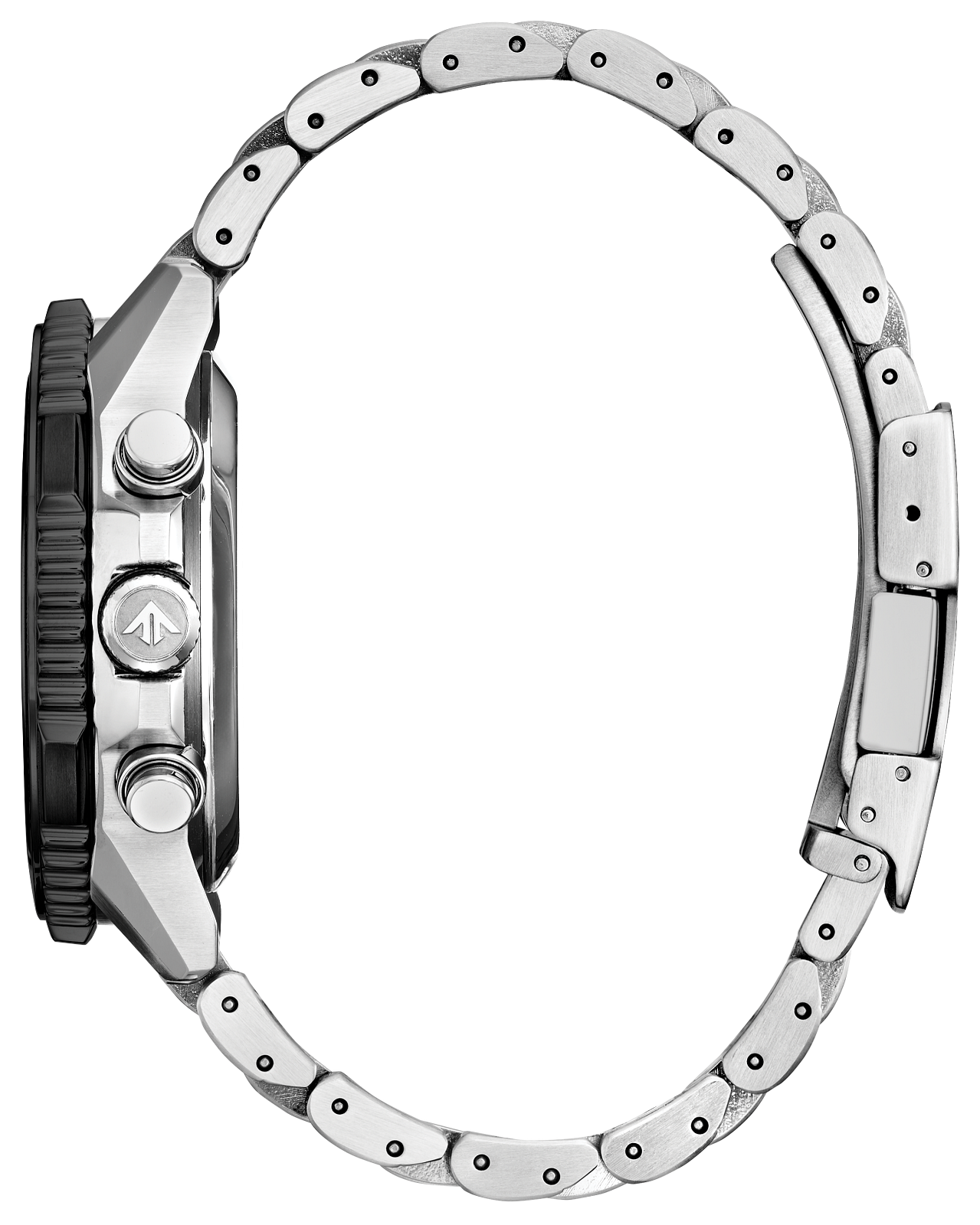 Close-up of a silver watch with a detailed band on a white background