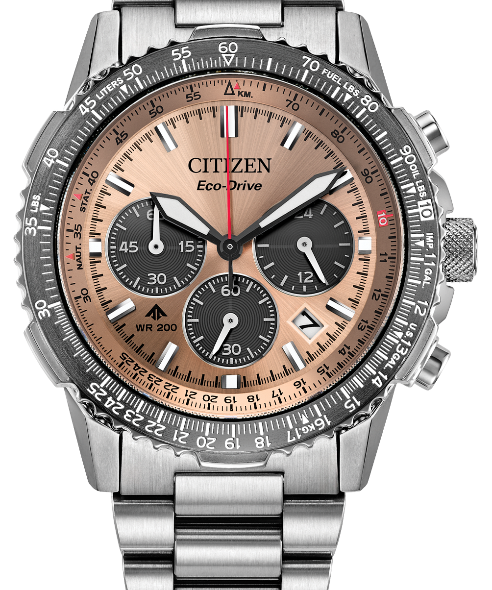 Citizen Eco-Drive chronograph watch with a stainless steel link bracelet, featuring a champagne-gold dial, three subdials, and a rotating black tachymeter bezel.