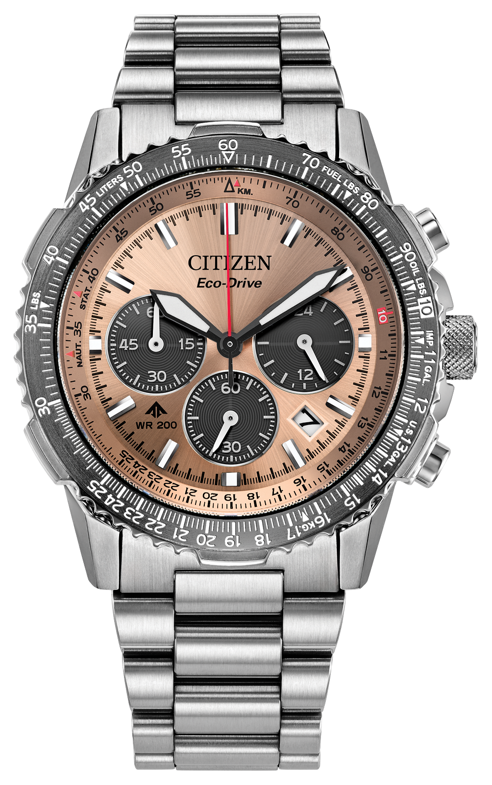 Citizen Eco-Drive chronograph watch with a stainless steel link bracelet, featuring a champagne-gold dial, three subdials, and a rotating black tachymeter bezel.