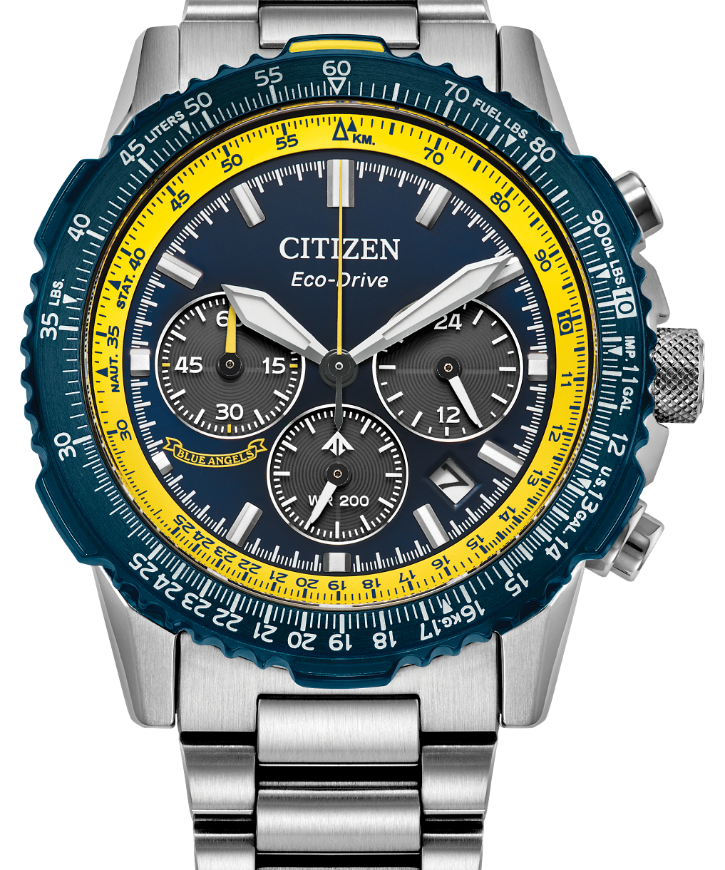 Citizen Eco-Drive Chronograph watch with a stainless steel bracelet, featuring a dark blue dial, a bright yellow outer ring, and a dark blue bezel with white markings.