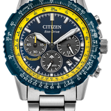 Citizen Eco-Drive Chronograph watch with a stainless steel bracelet, featuring a dark blue dial, a bright yellow outer ring, and a dark blue bezel with white markings.