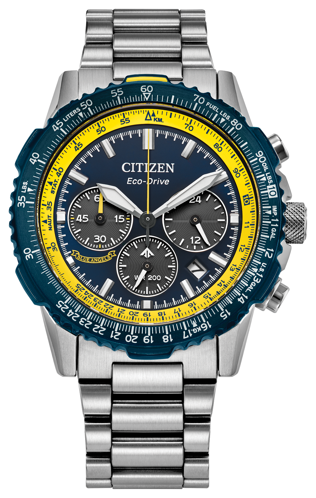 Citizen Eco-Drive Chronograph watch with a stainless steel bracelet, featuring a dark blue dial, a bright yellow outer ring, and a dark blue bezel with white markings.
