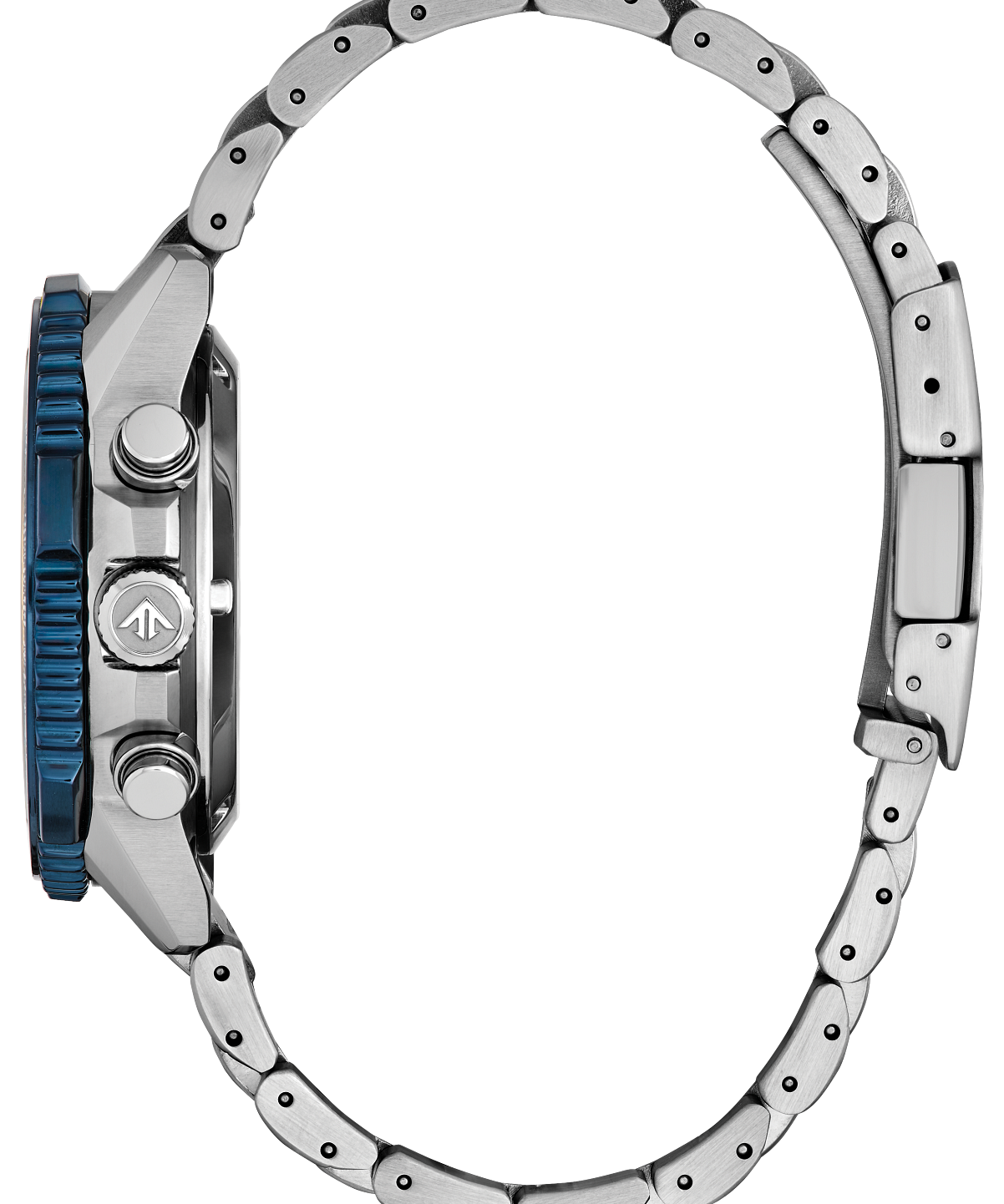 Close-up of a silver watch with a blue accent on a white background