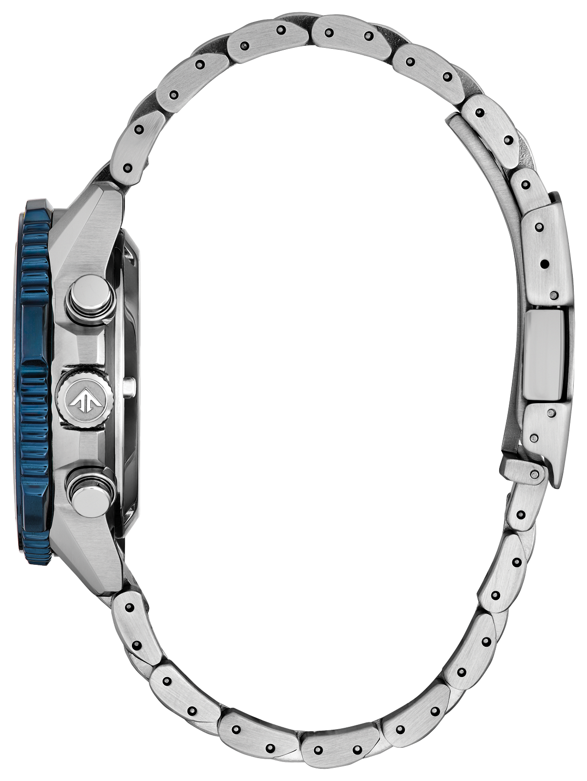 Close-up of a silver watch with a blue accent on a white background