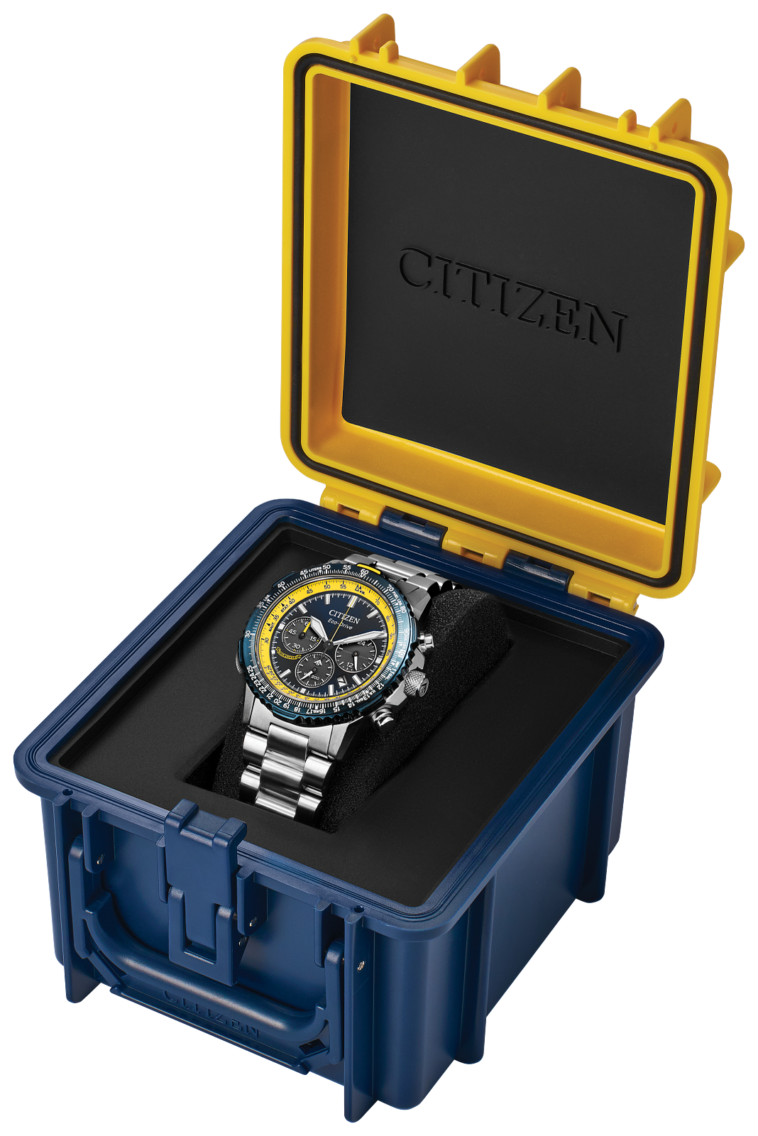 Citizen watch presented in an open hard case with a blue exterior, yellow interior frame, and black cushion. The watch has a silver-toned metal case, a black dial with yellow accents, and a black bezel.