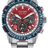 Citizen Eco-Drive chronograph watch with a silver stainless steel bracelet, featuring a red dial, a blue and white bezel, and three black subdials.