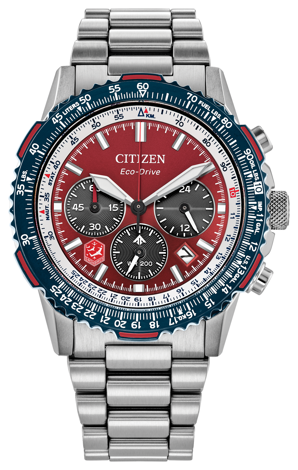 Citizen Eco-Drive chronograph watch with a silver stainless steel bracelet, featuring a red dial, a blue and white bezel, and three black subdials.