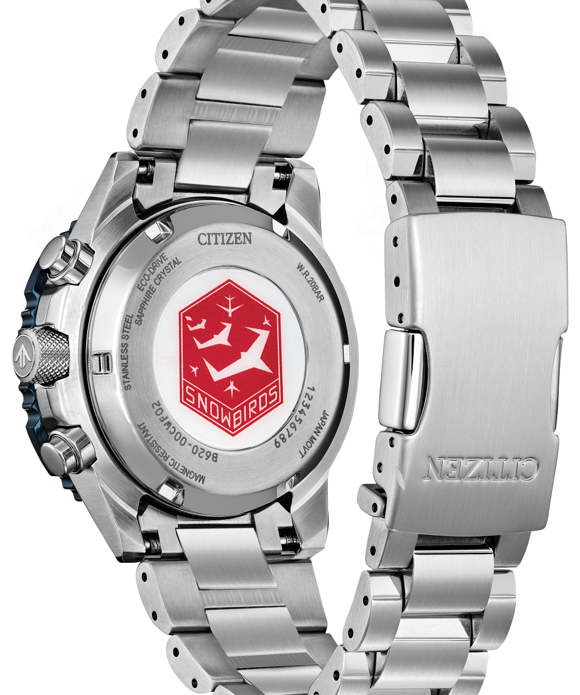 Citizen stainless steel watch with a metal link bracelet, shown from the back to reveal the brushed case back, date window, and a red GNDBIROts shield logo printed in the center.