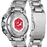 Citizen stainless steel watch with a metal link bracelet, shown from the back to reveal the brushed case back, date window, and a red GNDBIROts shield logo printed in the center.