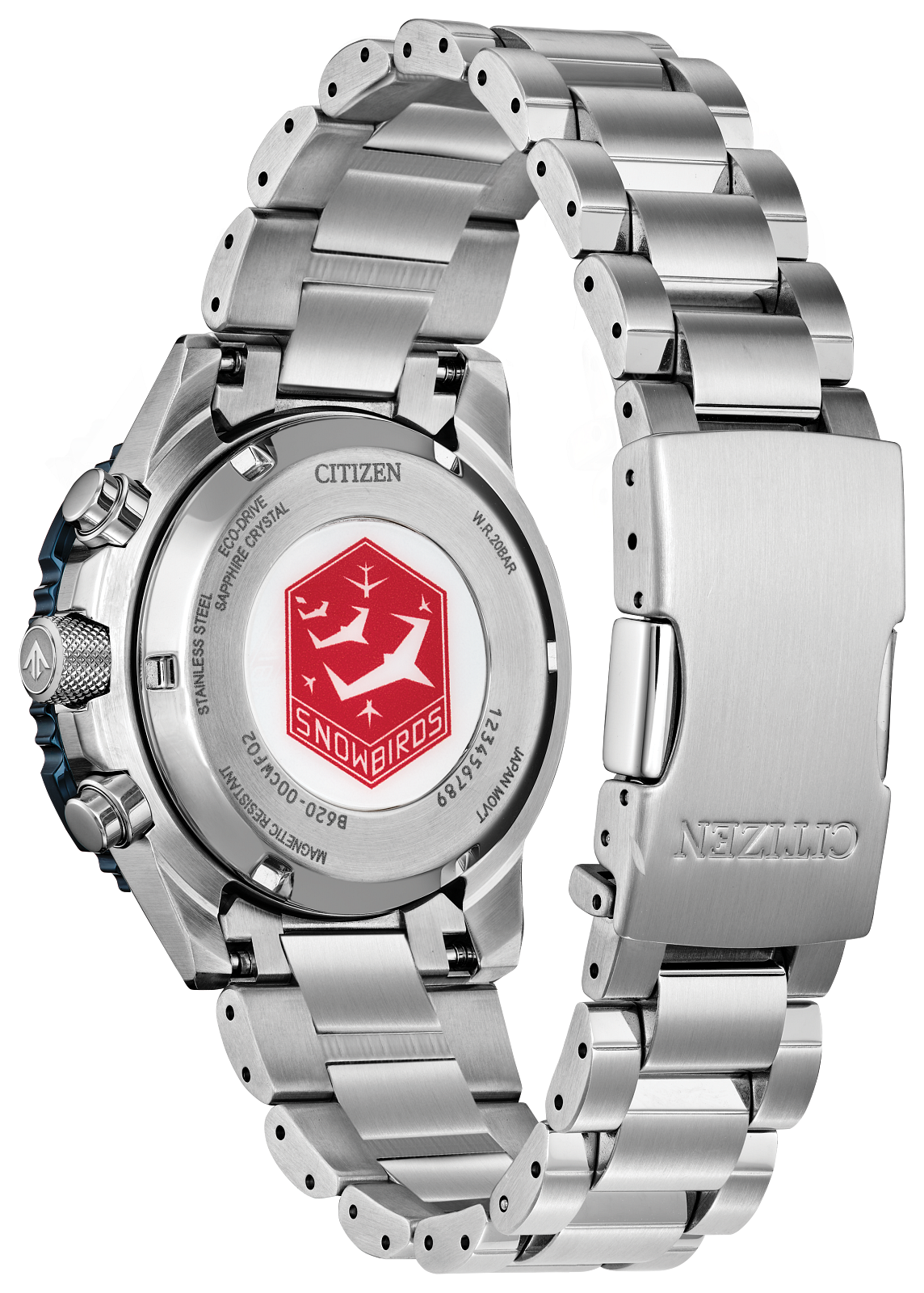 Citizen stainless steel watch with a metal link bracelet, shown from the back to reveal the brushed case back, date window, and a red GNDBIROts shield logo printed in the center.