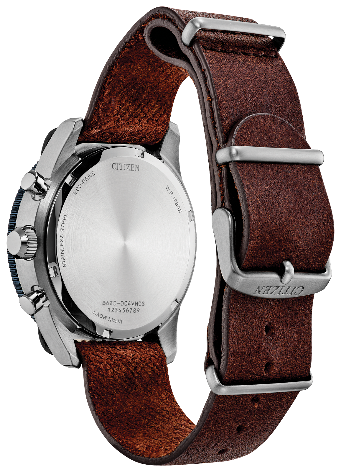 Citizen watch shown from the back, featuring a silver stainless steel case and a dark brown leather strap with silver metal hardware.